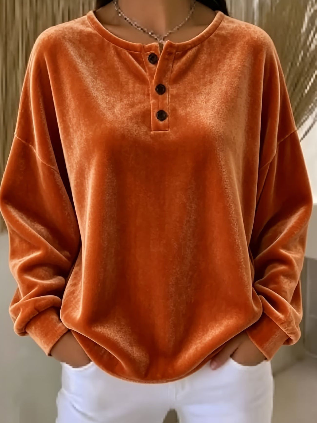 Samt Langarmshirt mit Knopfleiste