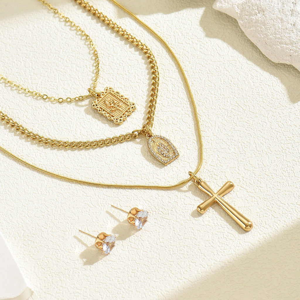 Kreuz-Mehrschicht Halskette & Ohrschmuck