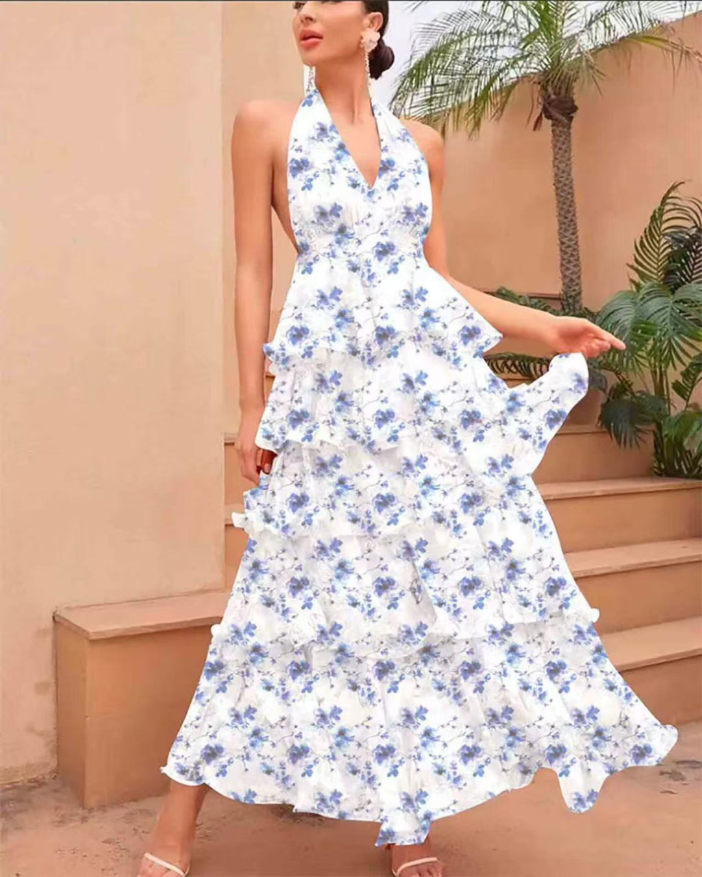 Damen V-Ausschnitt Träger Mehrlagiges Bedrucktes Kleid – Bild 2 | LuxeStyle
