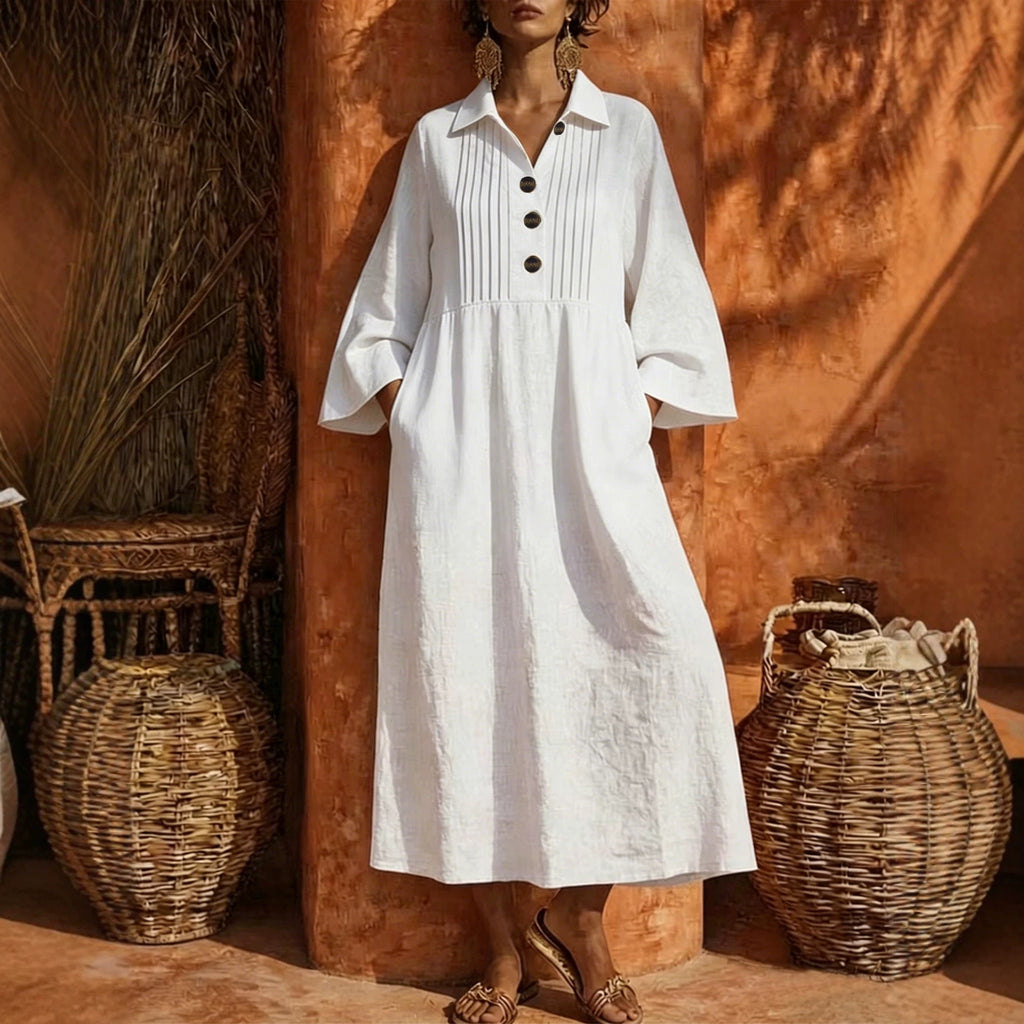 Langes V-Neck Freizeitkleid mit Knopfleiste – Bild 2 | LuxeStyle