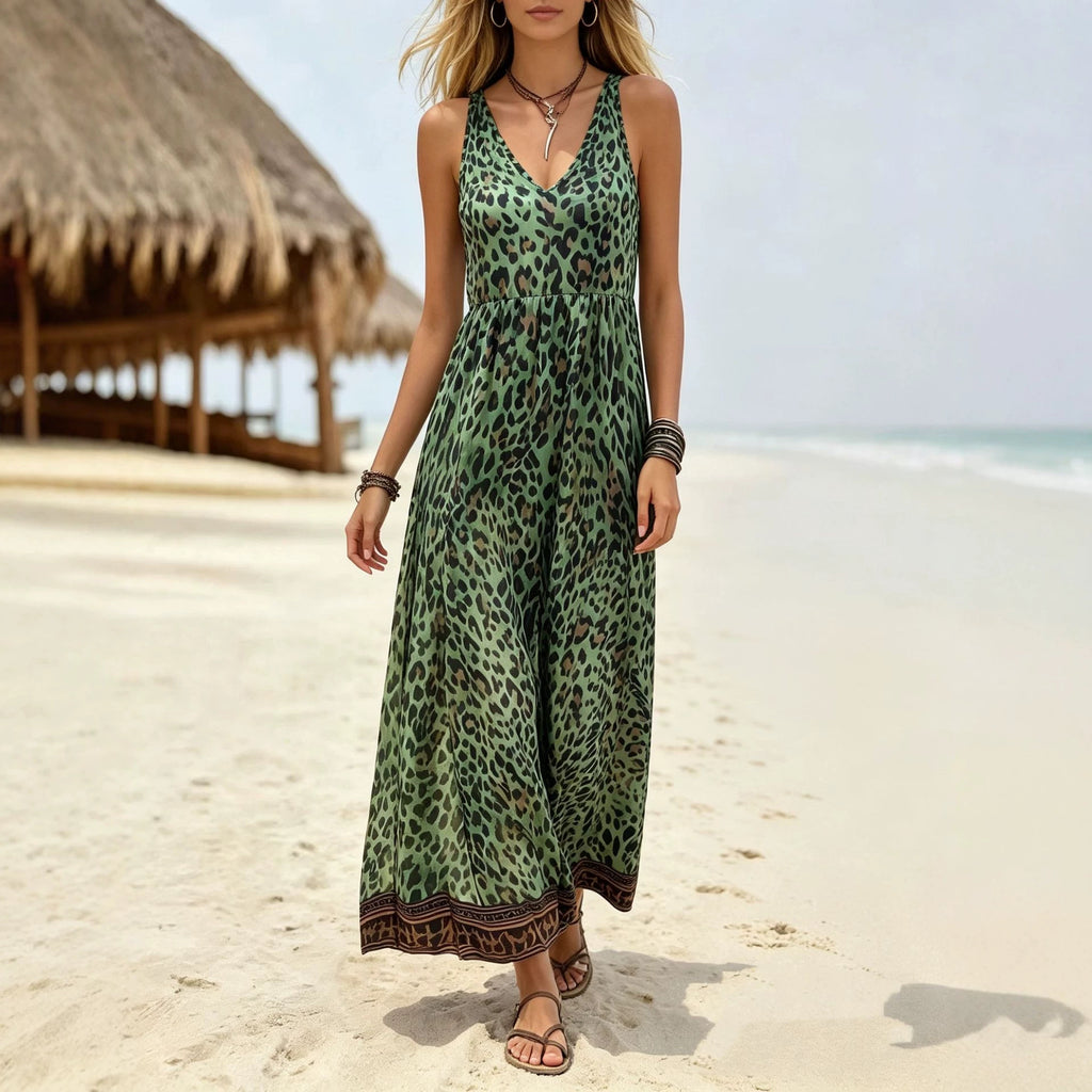 Ärmelloses V-Neck Kleid mit Leo-Print