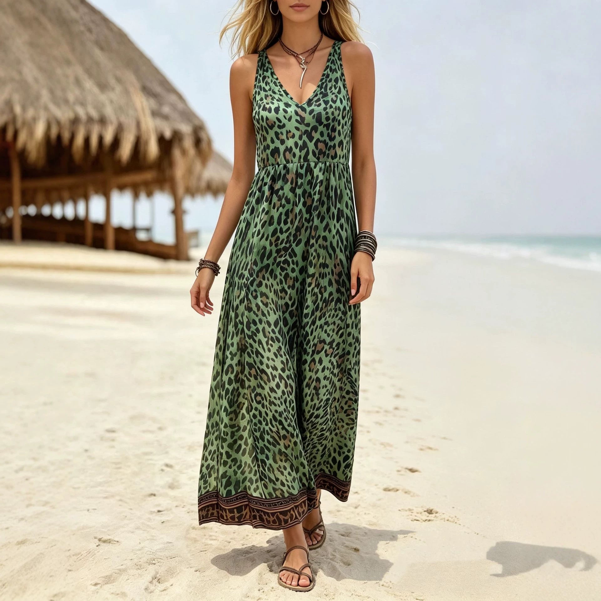 Ärmelloses V-Neck Kleid mit Leo-Print