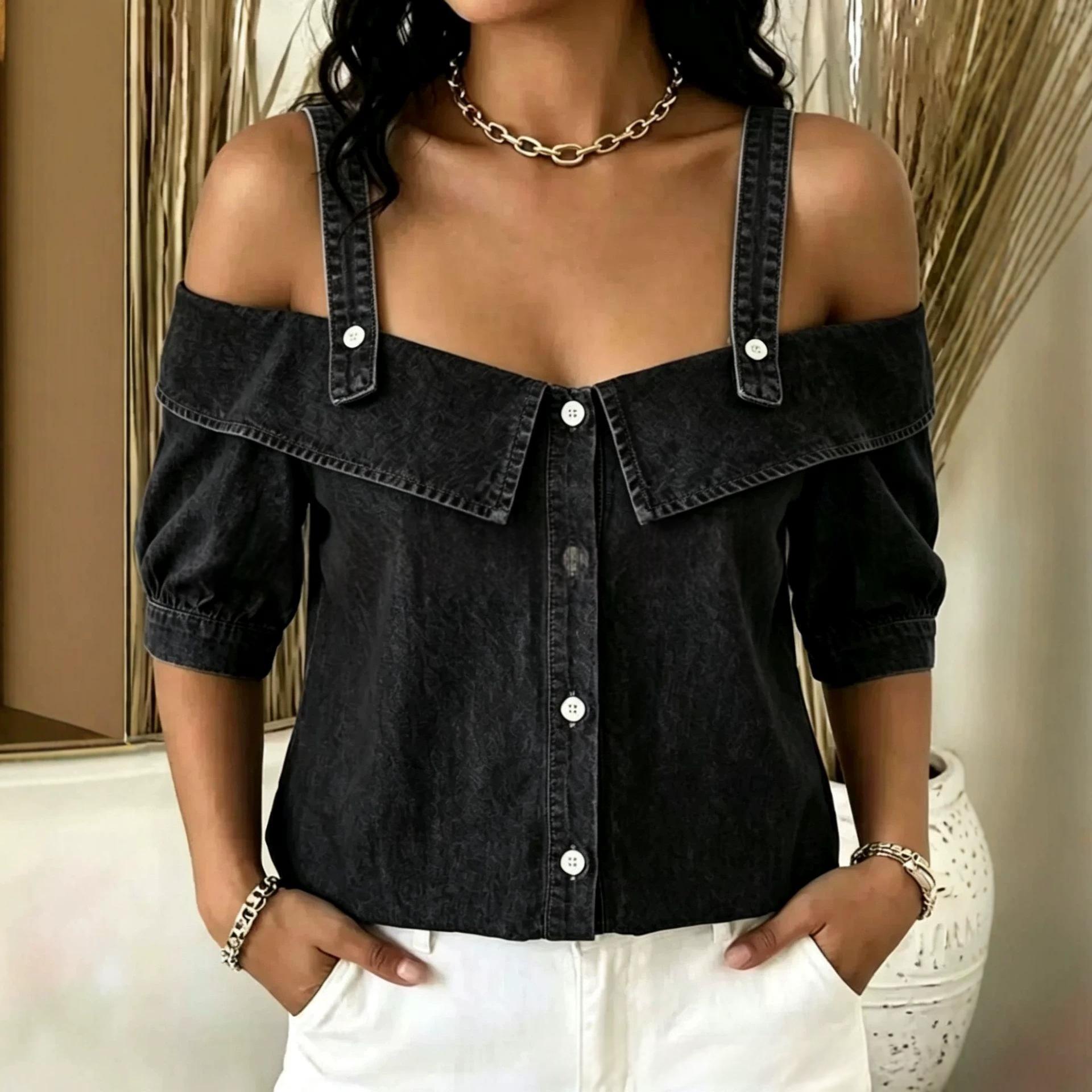 Jeans-Top mit Revers und Trägern