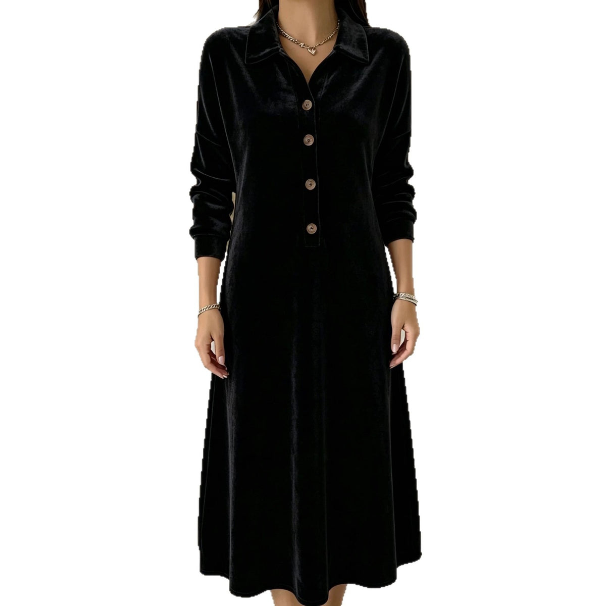Samtkleid mit Knopfleiste und langen Ärmeln – Bild 5 | LuxeStyle