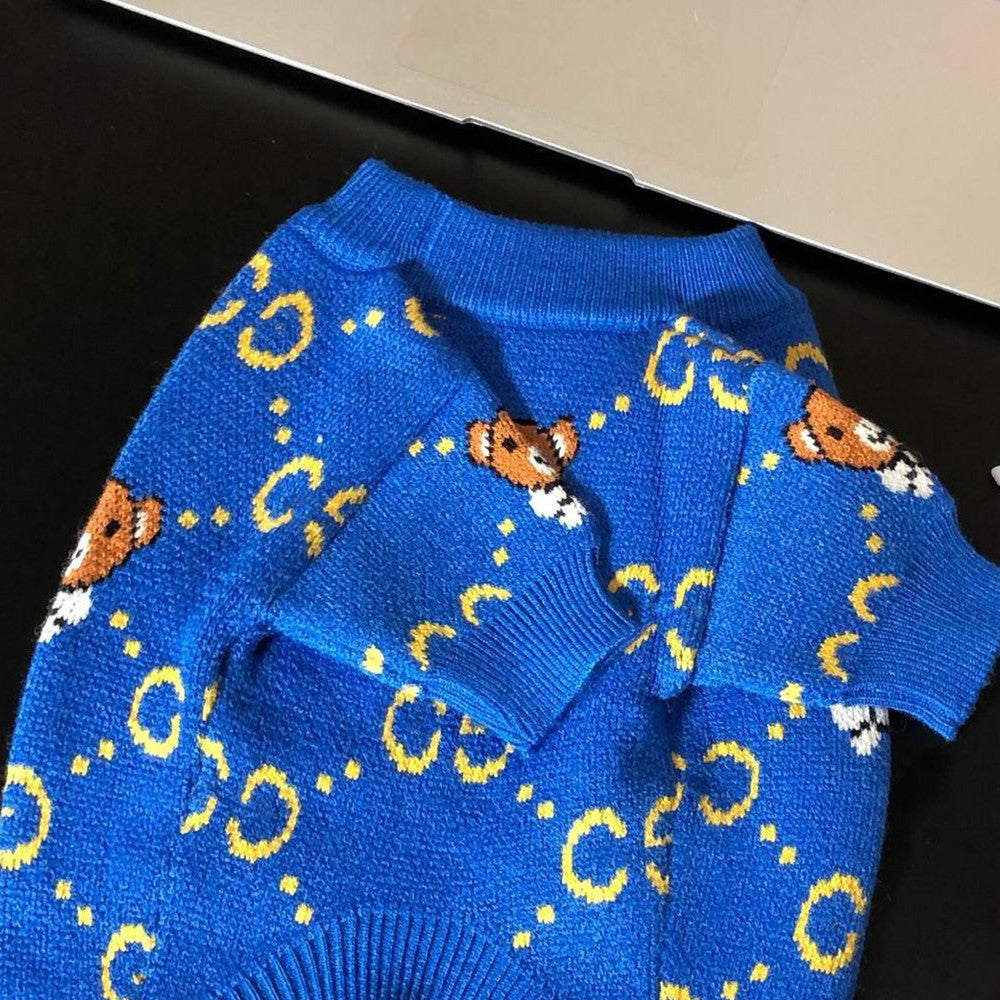 Wollpullover für Hunde – Blau mit Bär | LuxeStyle