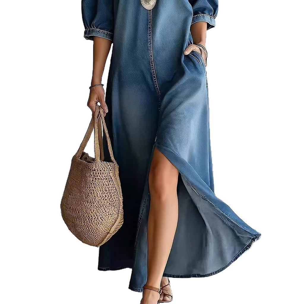 Chic Off-Shoulder Jeans-Maxikleid mit Schlitz – Bild 4 | LuxeStyle