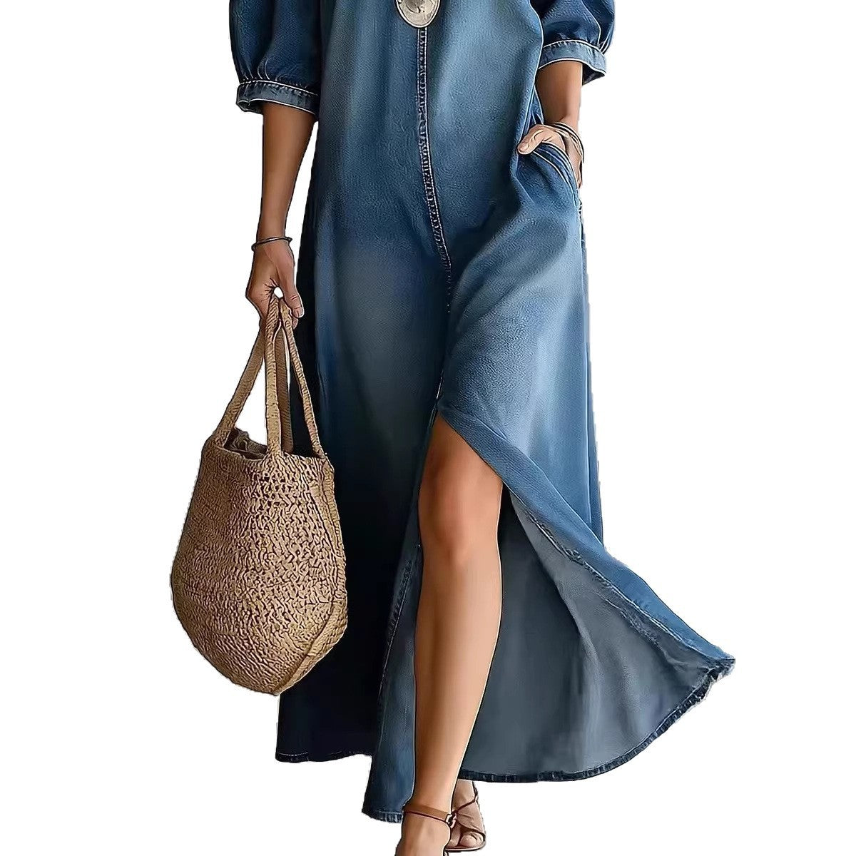 Chic Off-Shoulder Jeans-Maxikleid mit Schlitz – Bild 4 | LuxeStyle
