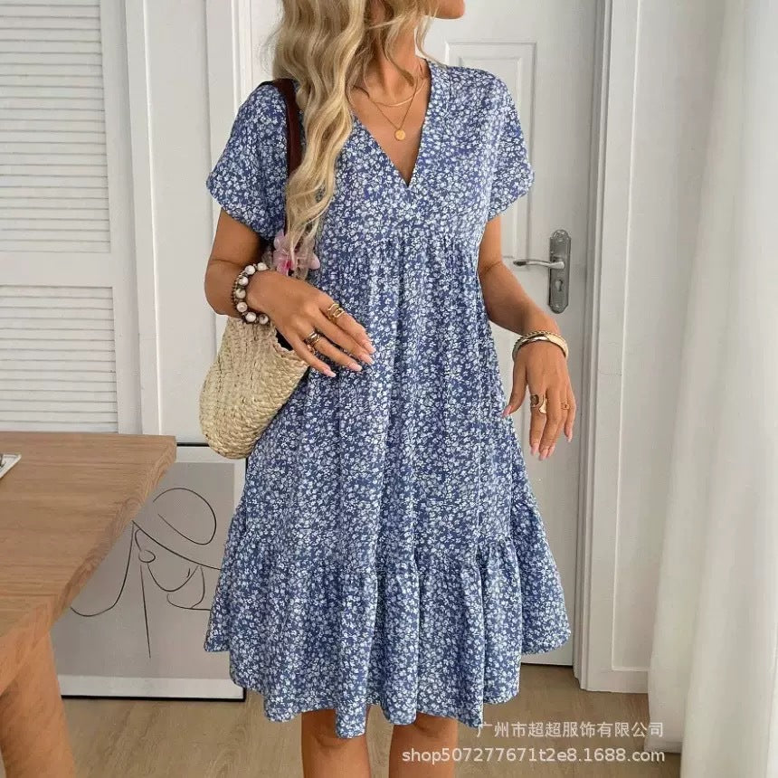 Geblümtes V-Ausschnitt Kleid