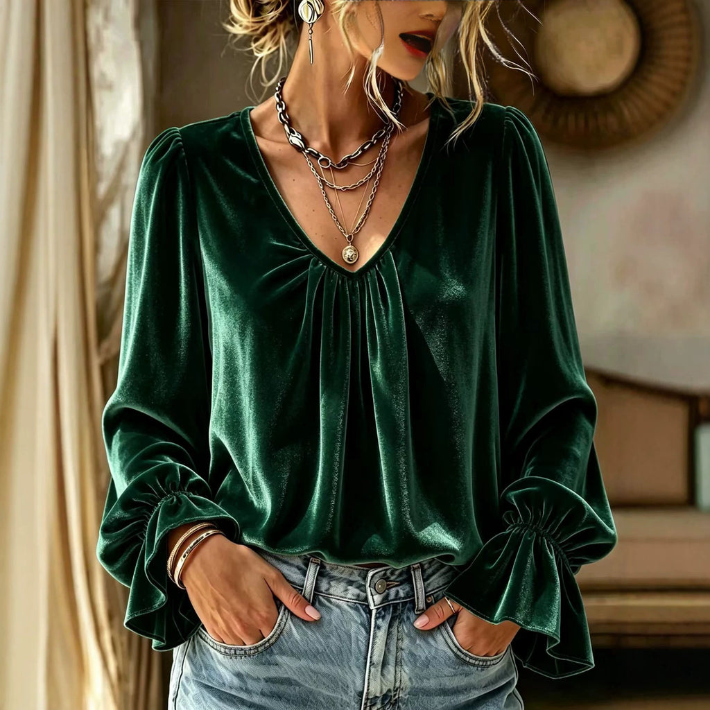 Samtiges V-Neck Langarmshirt mit Falten