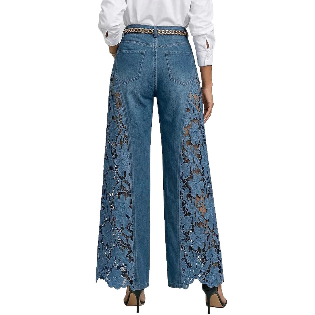 Hochtaillierte Weitbeine Damen Jeans mit Spitzenpaneelen