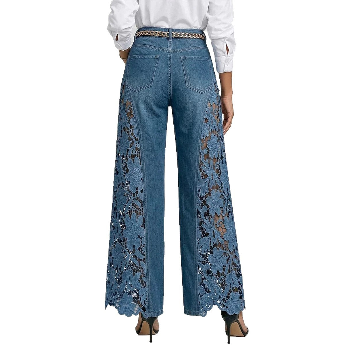 Hochtaillierte Weitbeine Damen Jeans mit Spitzenpaneelen