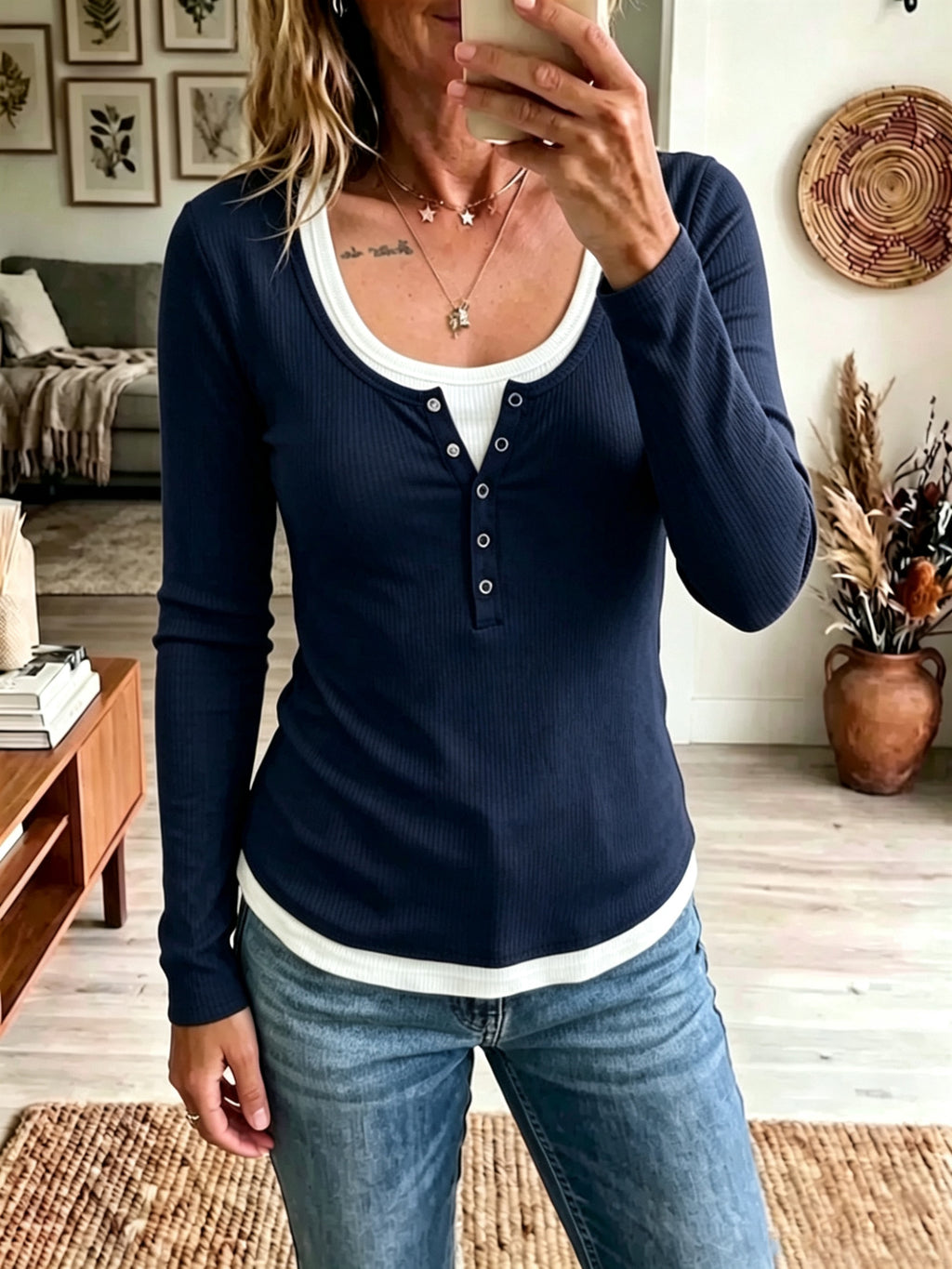 Damen Color-Block Langarm-Shirt mit Slim Fit – 2-Tonig