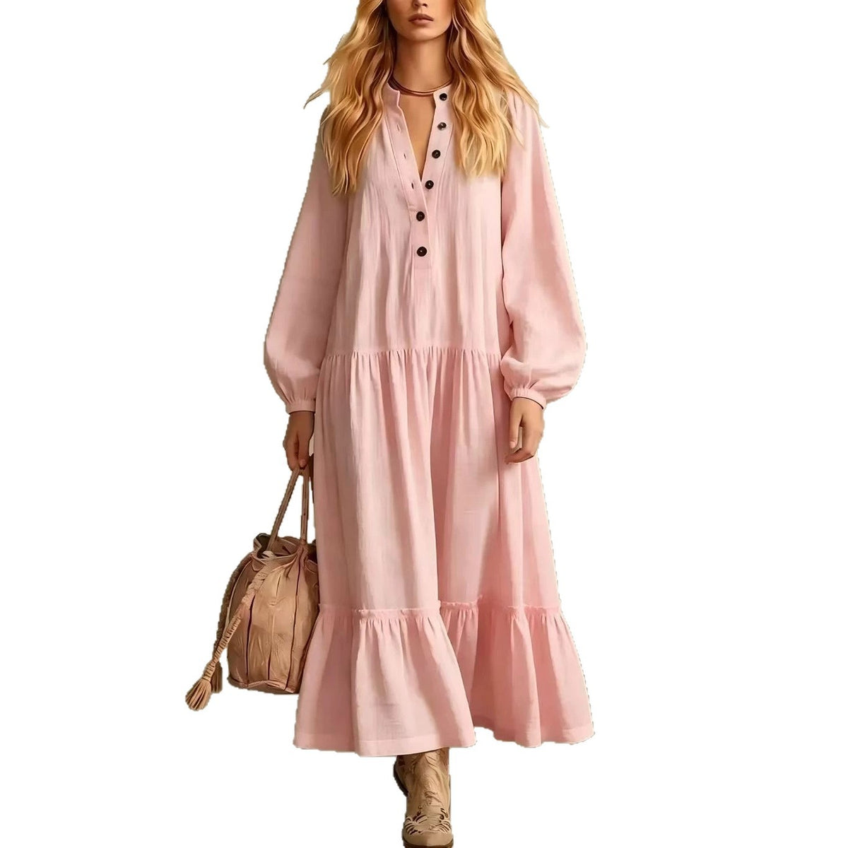 Langes Baumwoll-Leinenkleid mit Stehkragen – Bild 9 | LuxeStyle
