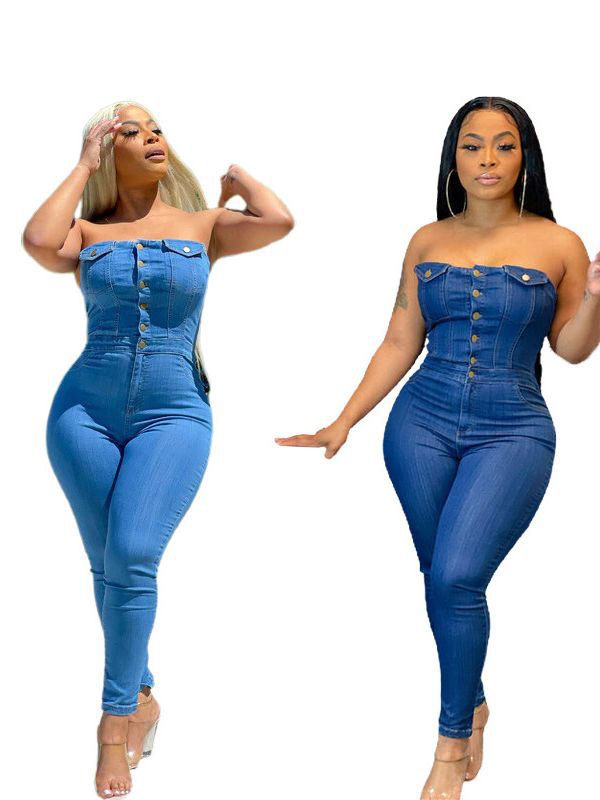 Slim Fit Denim Jumpsuit Ohne Schulter