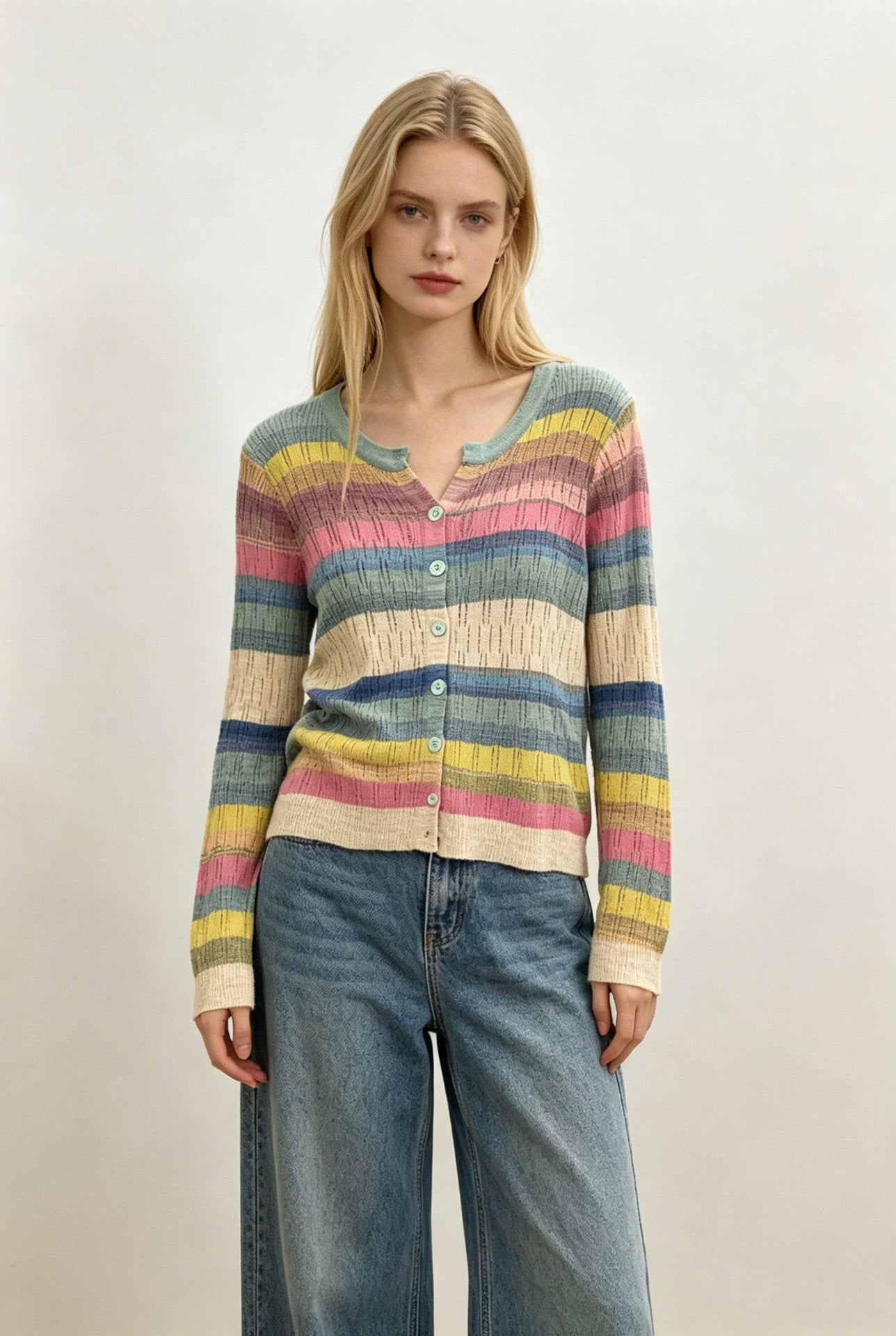 V-Neck Strick-Cardigan mit Farbblock-Streifen