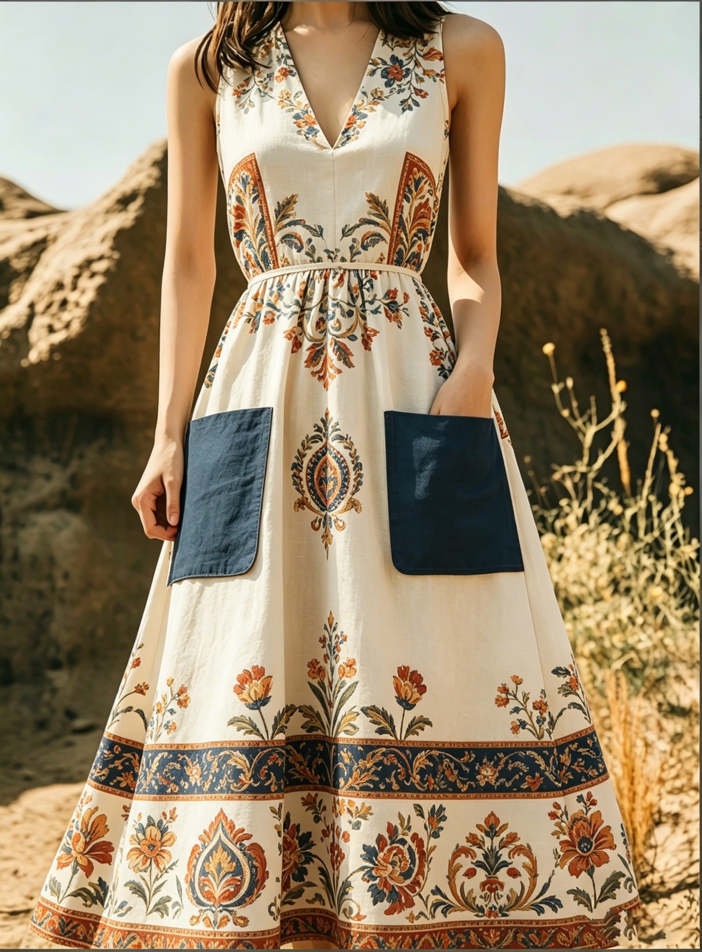 Figurbetontes A-Linien Maxikleid mit V-Ausschnitt