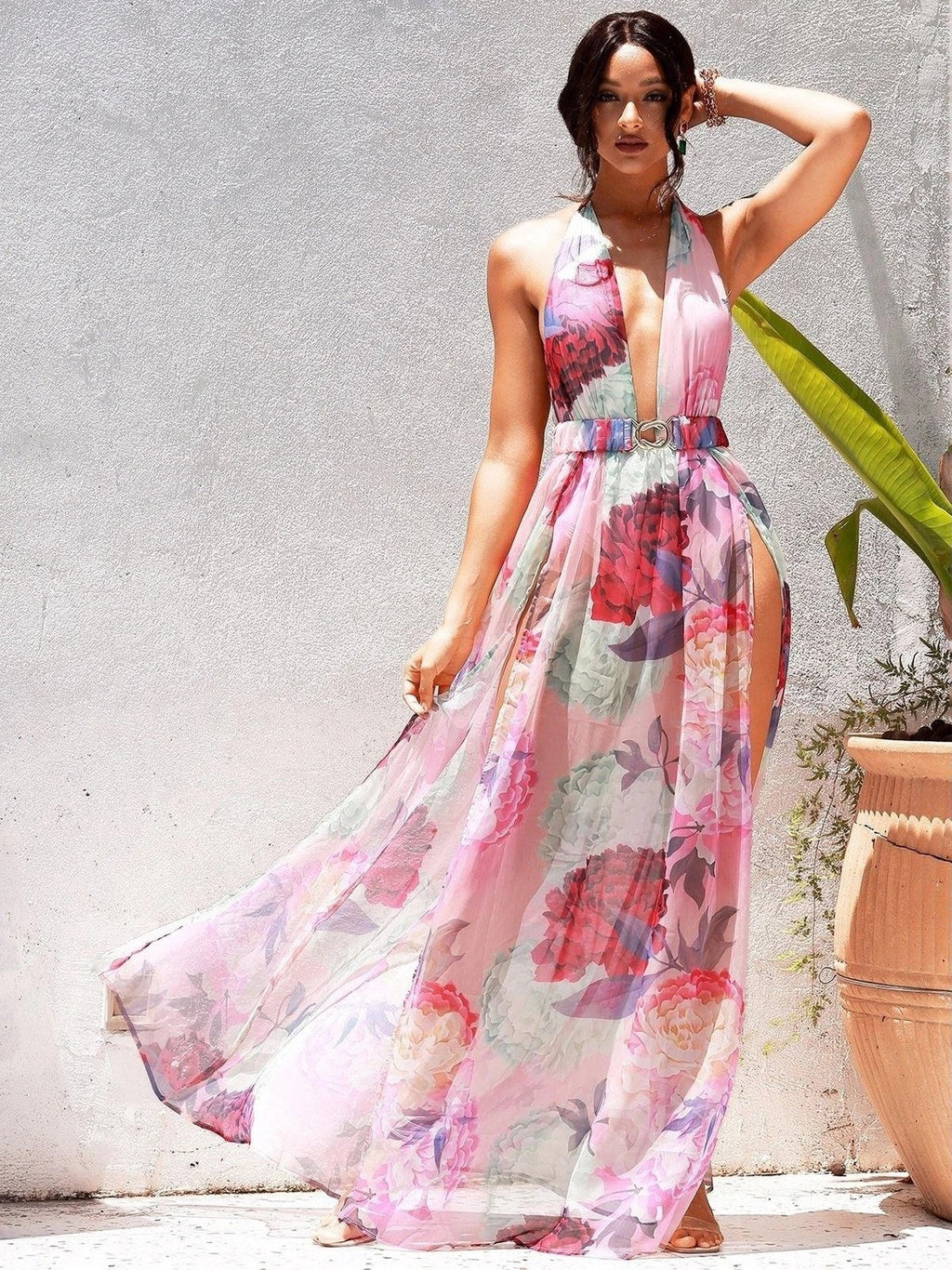 Geblümtes Neckholder-Kleid mit V-Ausschnitt – Bild 3 | LuxeStyle