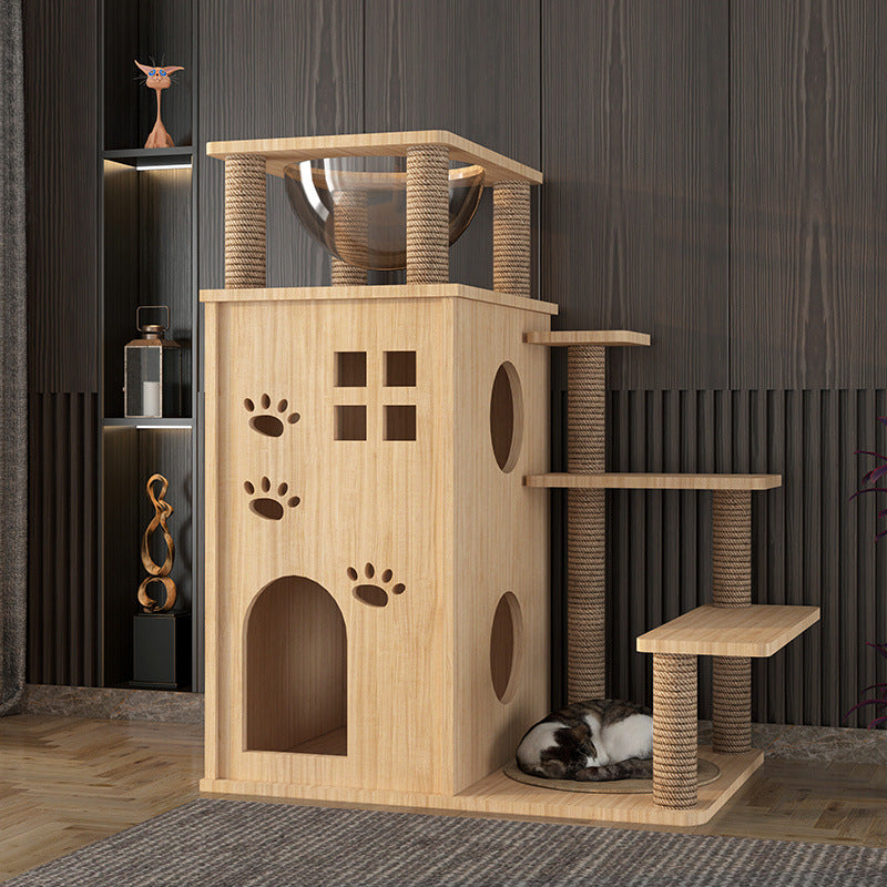 Holz-Katzenbaum mit integriertem Katzenbett