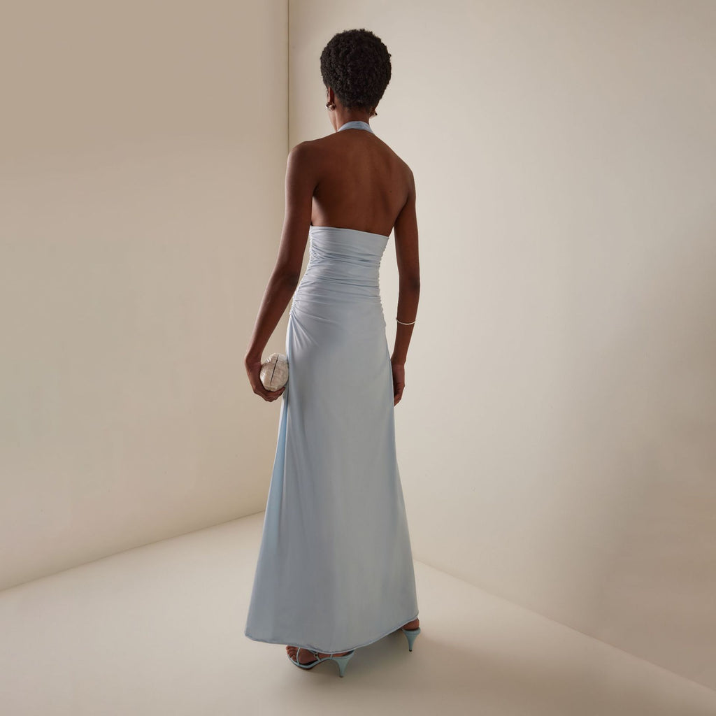 Blaues Strickkleid mit tiefem V-Rücken und Blumen – Bild 2 | LuxeStyle