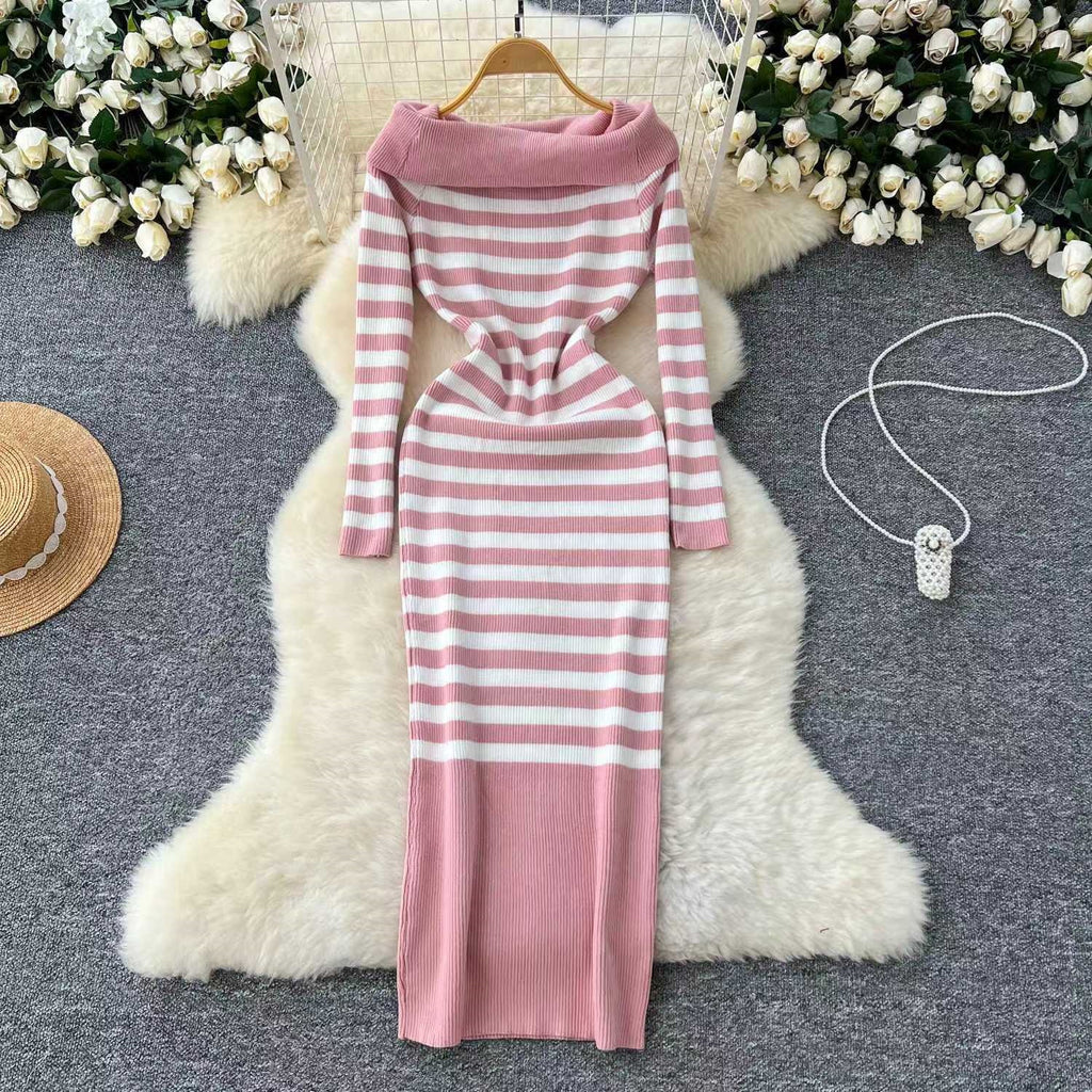 Schulterfreies Strickkleid gestreift – Bild 2 | LuxeStyle