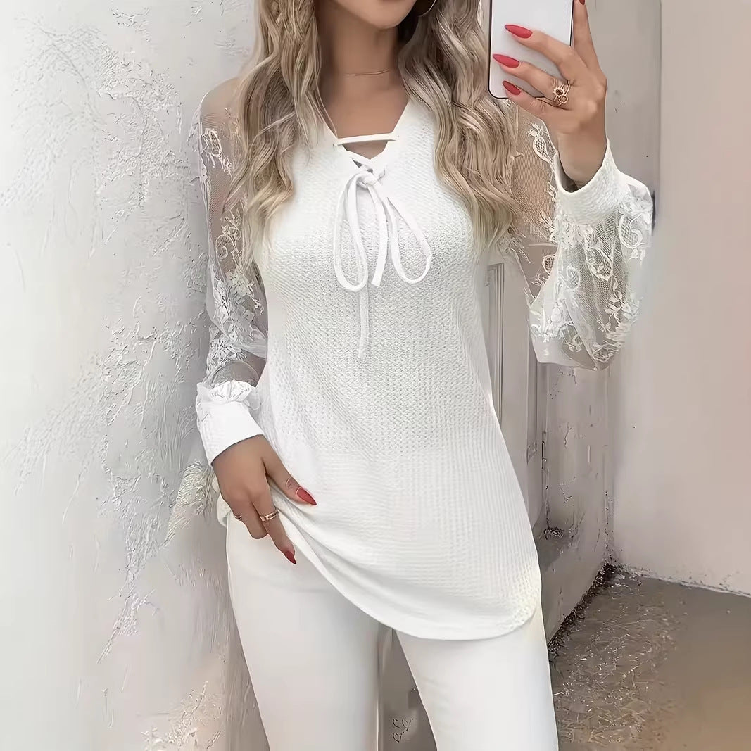 Elegantes V-Neck Langarm-Top mit Spitze