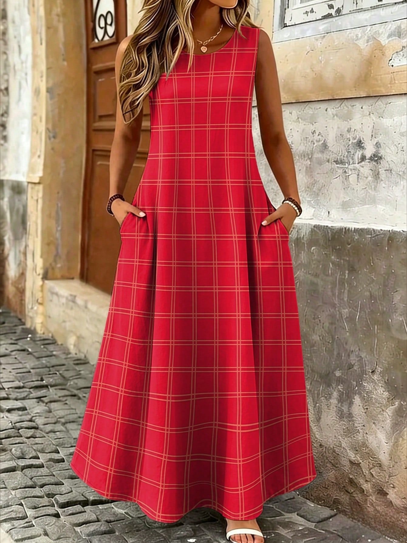 Plaid-Kleid mit Streifenmuster, ärmellos