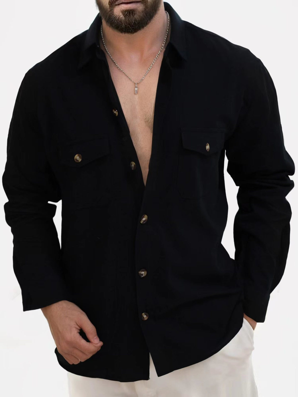 V-Ausschnitt Langarmshirt mit Brusttasche – Bild 4 | LuxeStyle