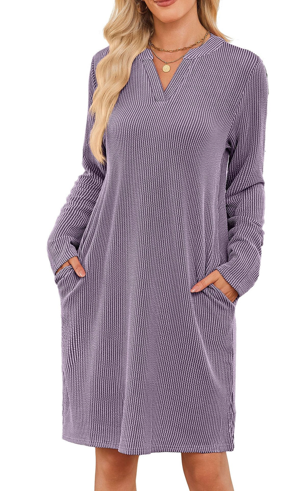Locker geschnittenes V-Neck Midi-Kleid mit Taschen – Bild 5 | LuxeStyle