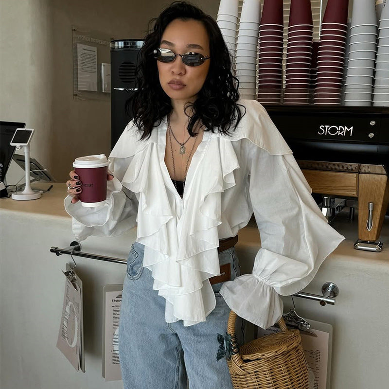 V-Ausschnitt Langarmshirt mit Rüschen – Bild 4 | LuxeStyle