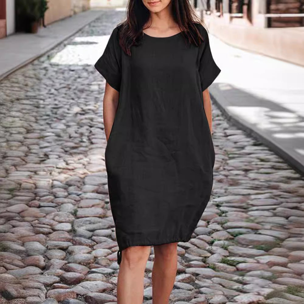 Loose-fit Baumwoll-Leinen Kleid mit kurzen Ärmeln – Bild 5 | LuxeStyle