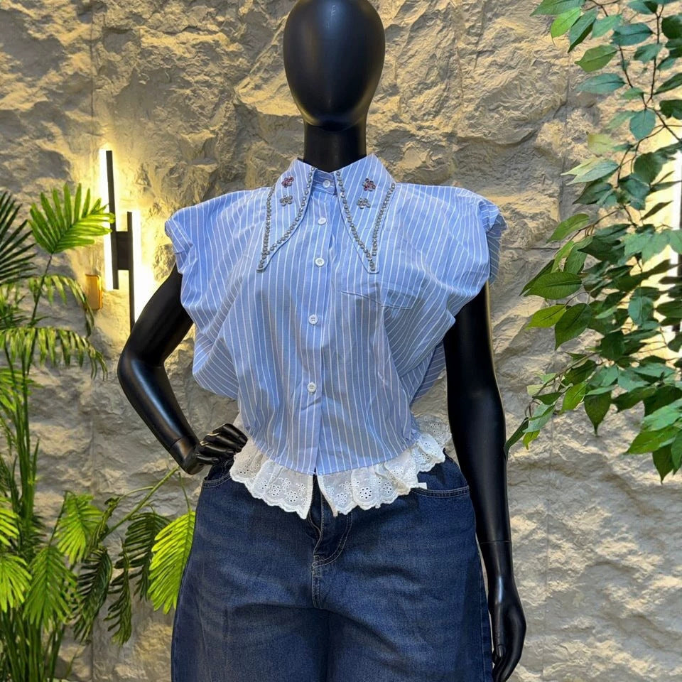 Gestreiftes Kurzarmhemd mit Perlen-Patchwork