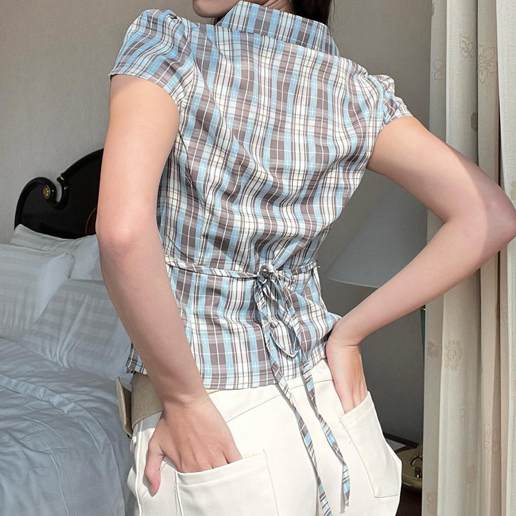 Blaues kariertes Kurzärmling Shirt – Bild 5 | LuxeStyle