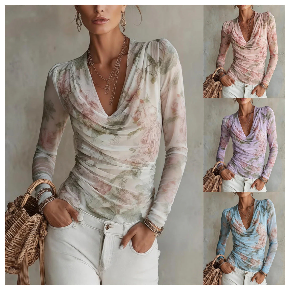 Chiffon-Top mit Blumenmuster und V-Ausschnitt