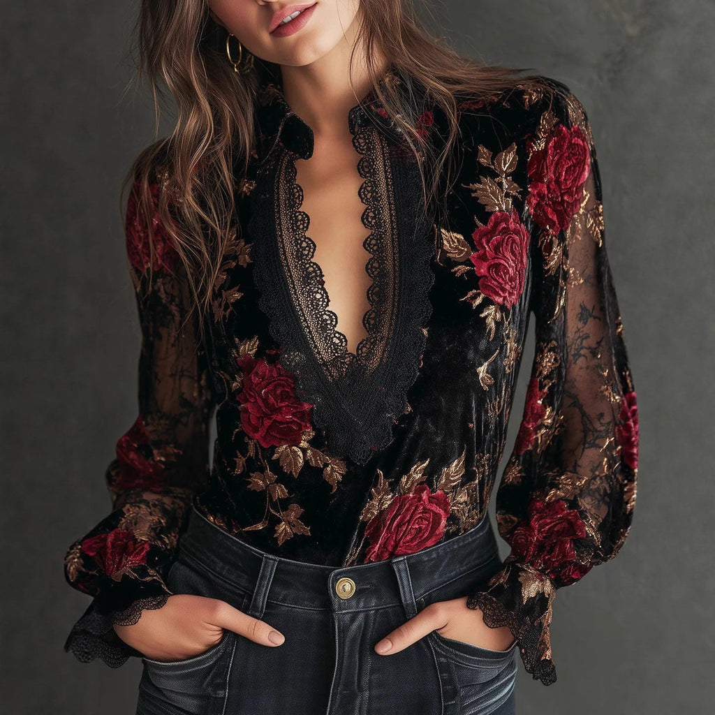 Gold Samt Bluse mit Stickerei