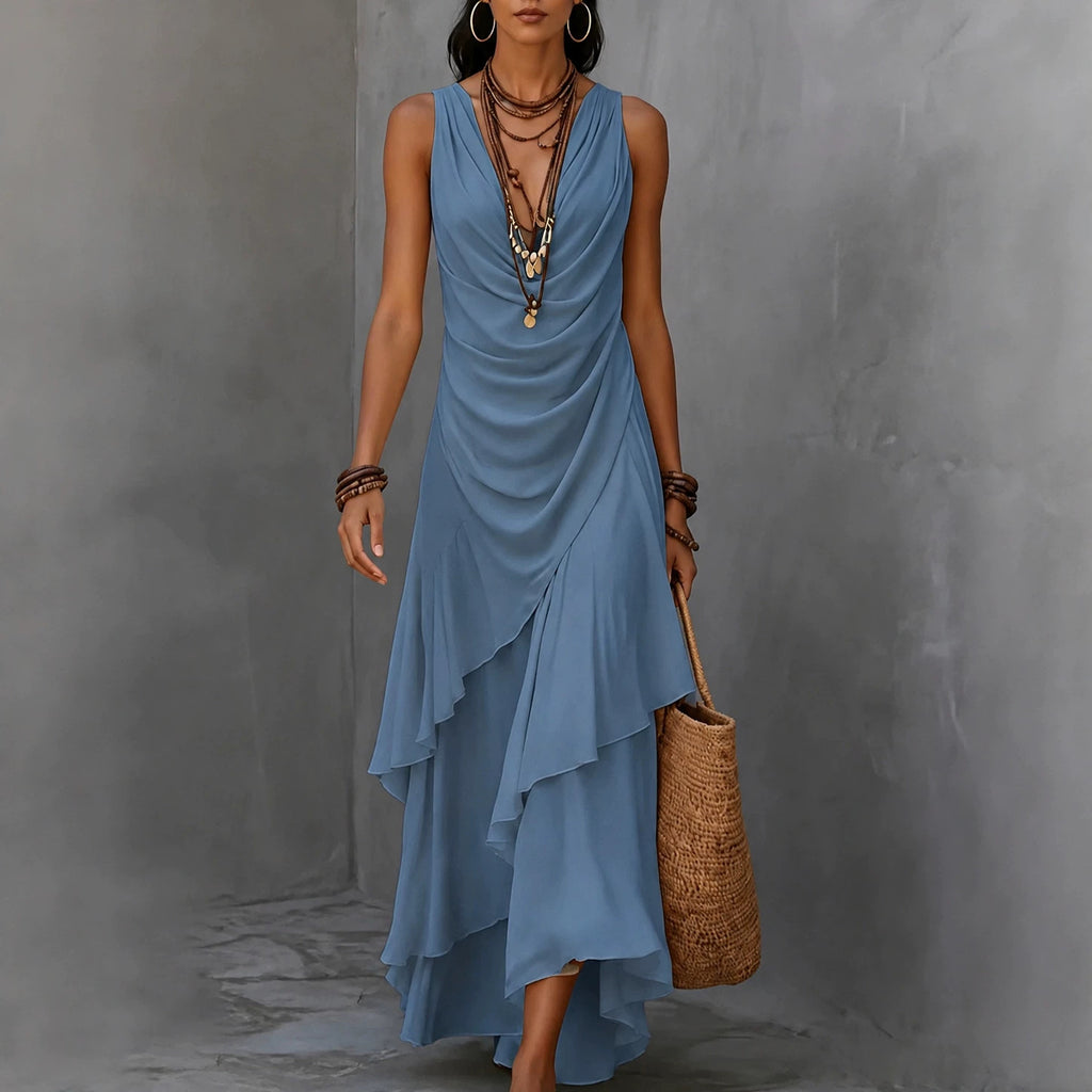 Ärmelloses V-Ausschnitt-Kleid mit Stufenrock