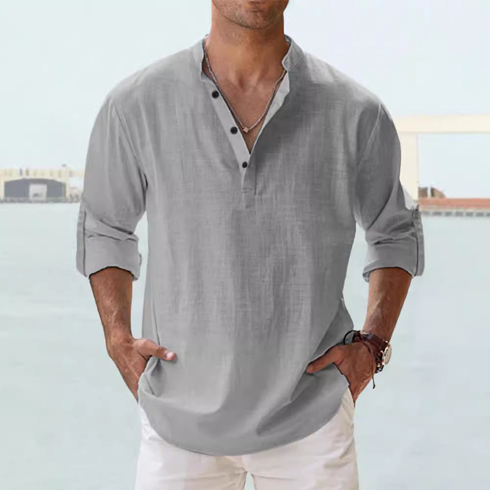 Männer-Linen-Long-Sleeve-Top mit Stand-Up-Hals – Bild 7 | LuxeStyle