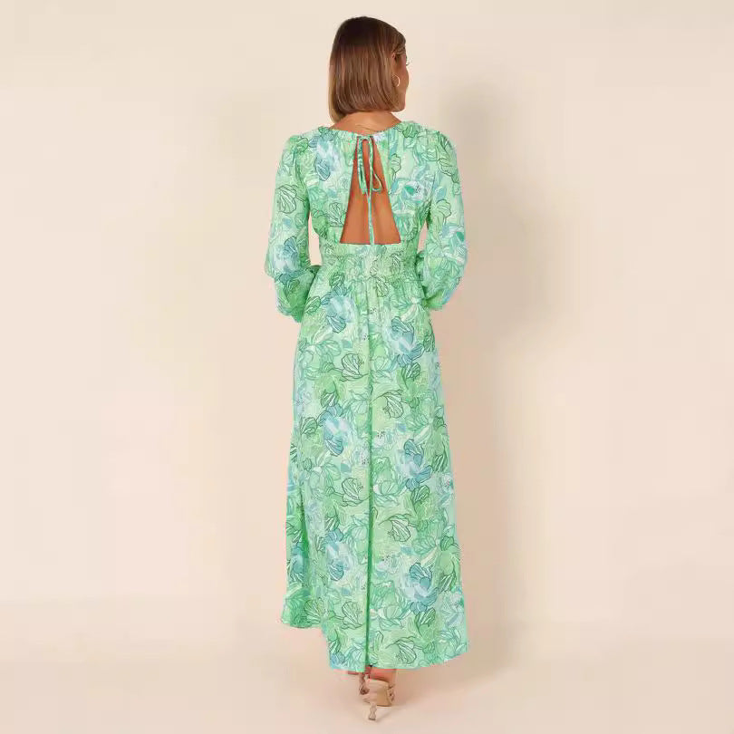 Bedrucktes rückenfreies V-Ausschnitt Langarm-Kleid – Bild 3 | LuxeStyle