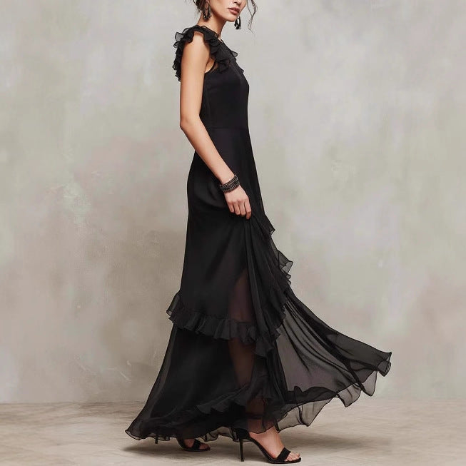 Asymmetrisches langes Kleid mit Bischofsärmeln | LuxeStyle