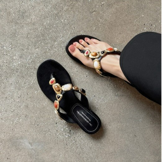 Schwarze runde Zehflache Sandalen – Bild 3 | LuxeStyle