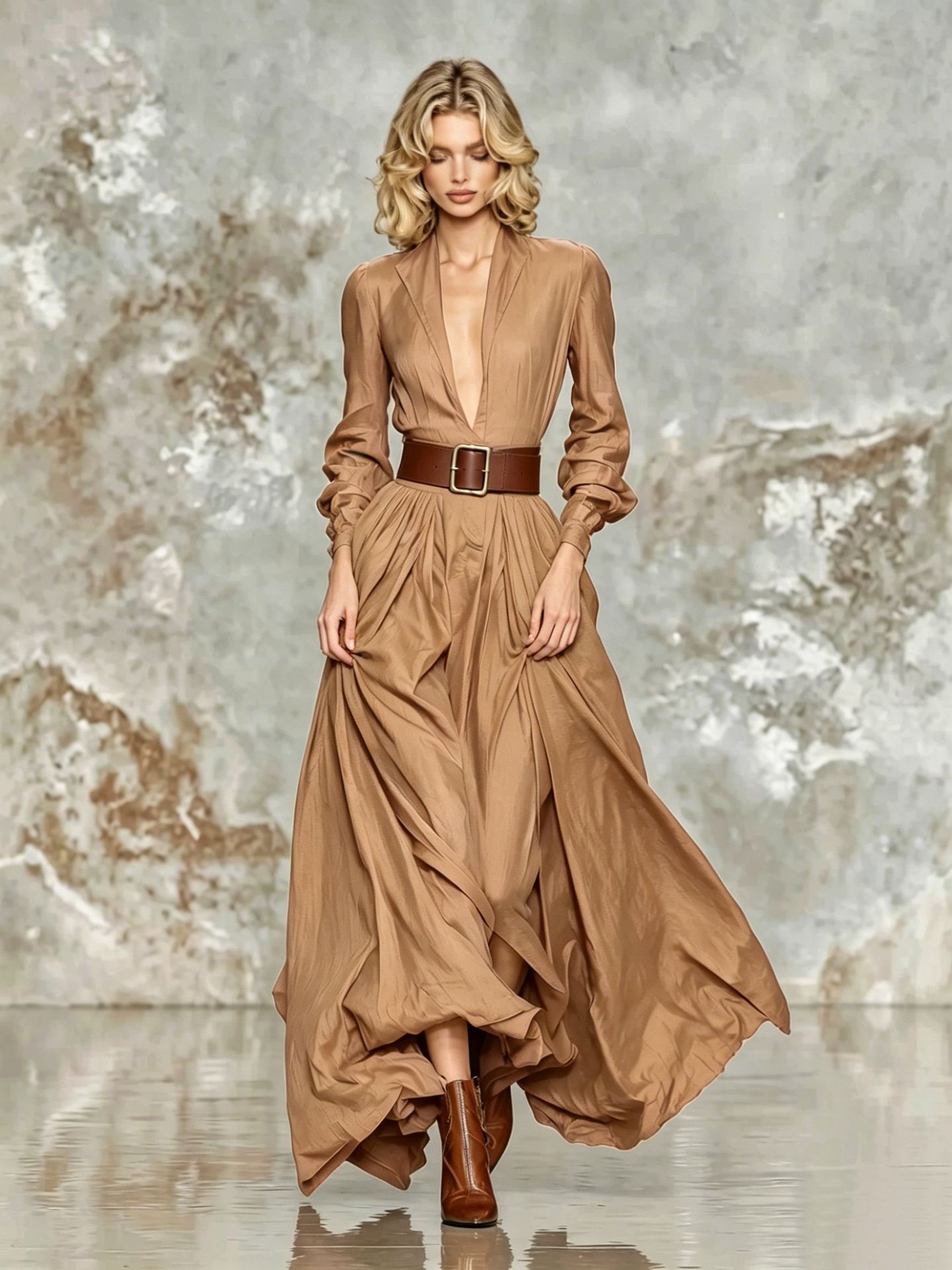 Maxi-Kleid «Aria» · Langarm, tailliert mit Gürtel