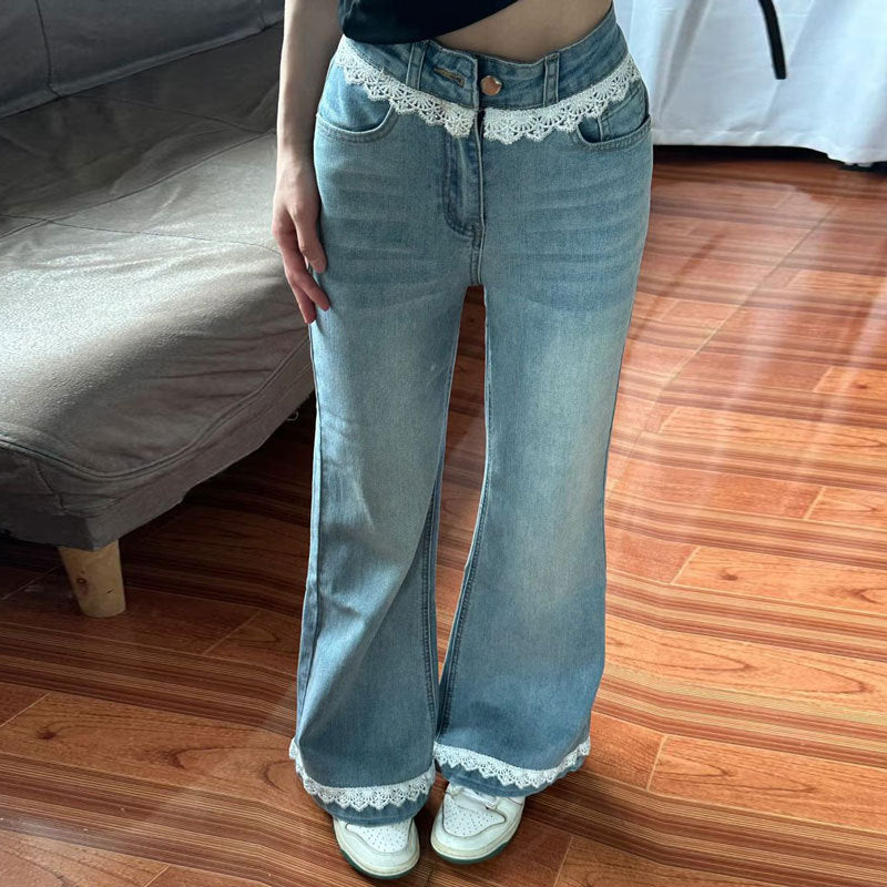 Blau Jeans mit Spitze und Patchwork