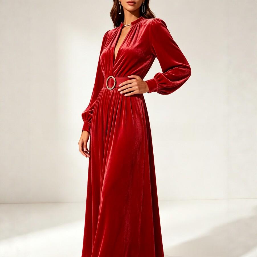 Velvet-Kleid mit V-Ausschnitt und Taillenbetonung