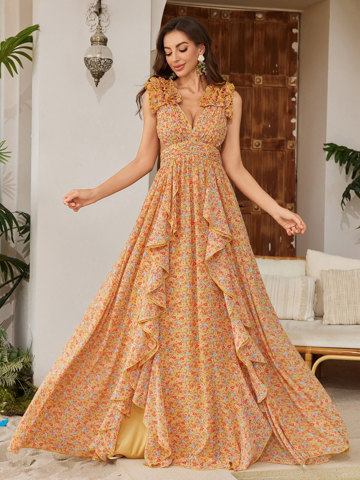 Elegantes Chiffonkleid mit Blumenprint und Spitze – Bild 1 | LuxeStyle