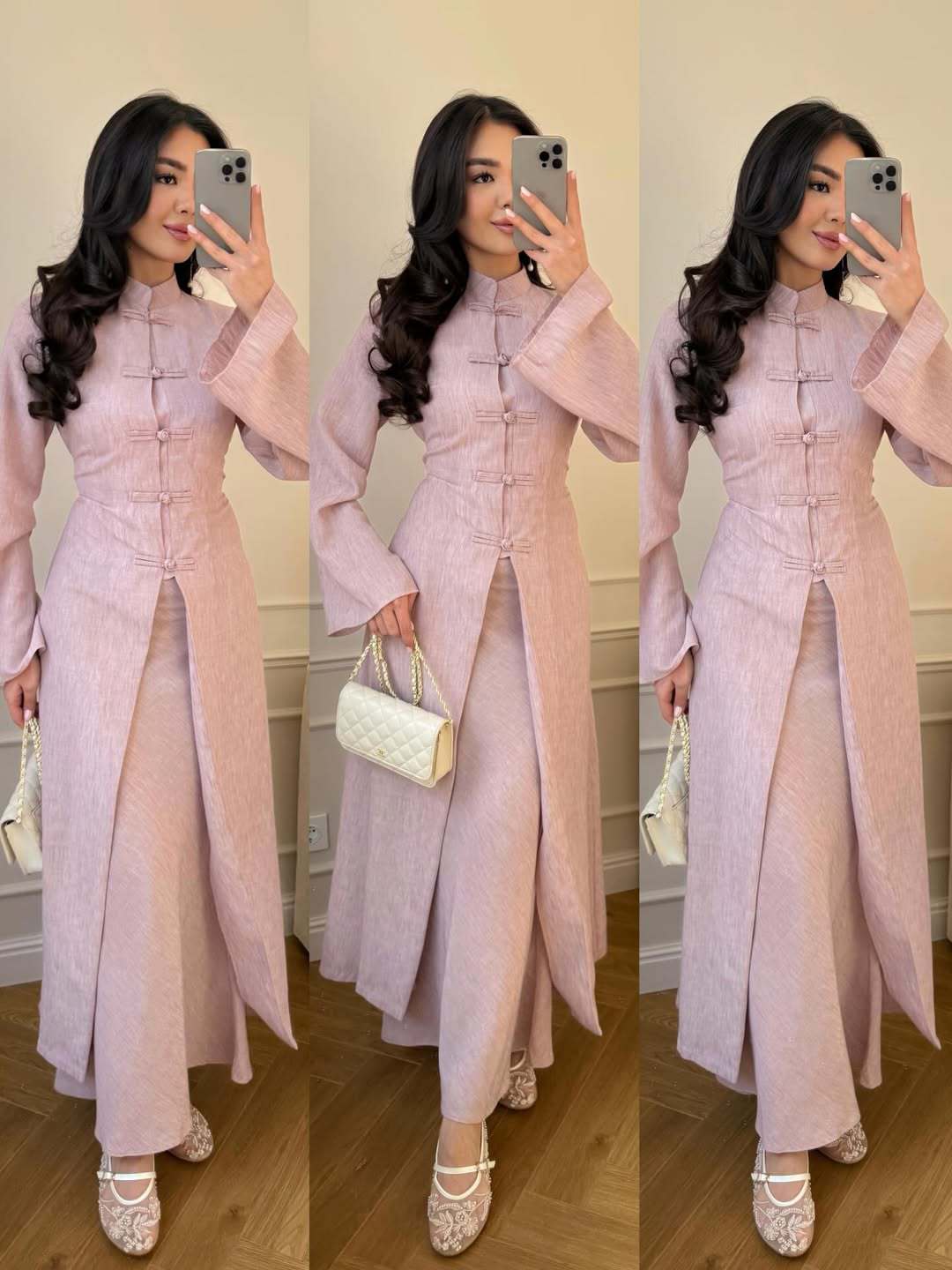 Vintage Langarm-Kleid mit Stehkragen