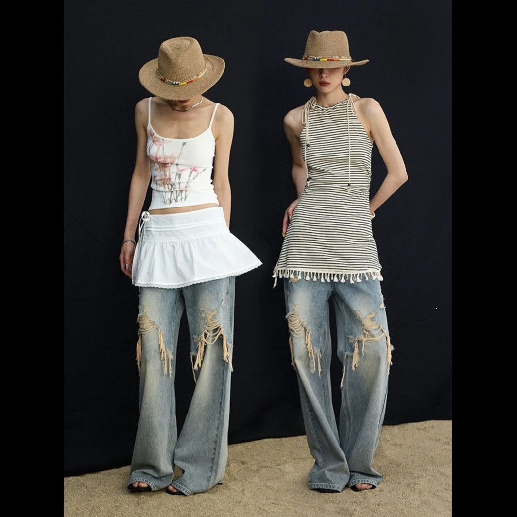 Patchwork Wide-leg Jeans im Used-Look