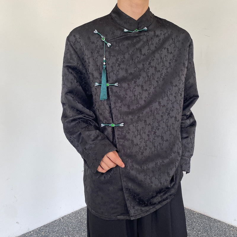 Satin Jacquard Langarmhemd mit Stehkragen