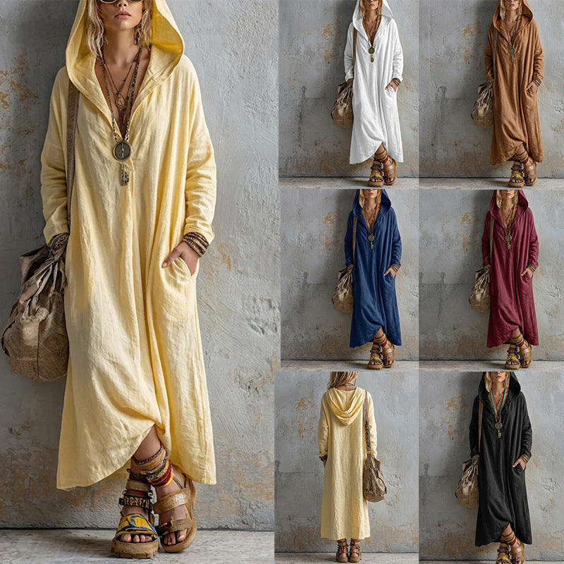 Kapuzen-Leinenkleid mit langen Ärmeln – Bild 4 | LuxeStyle