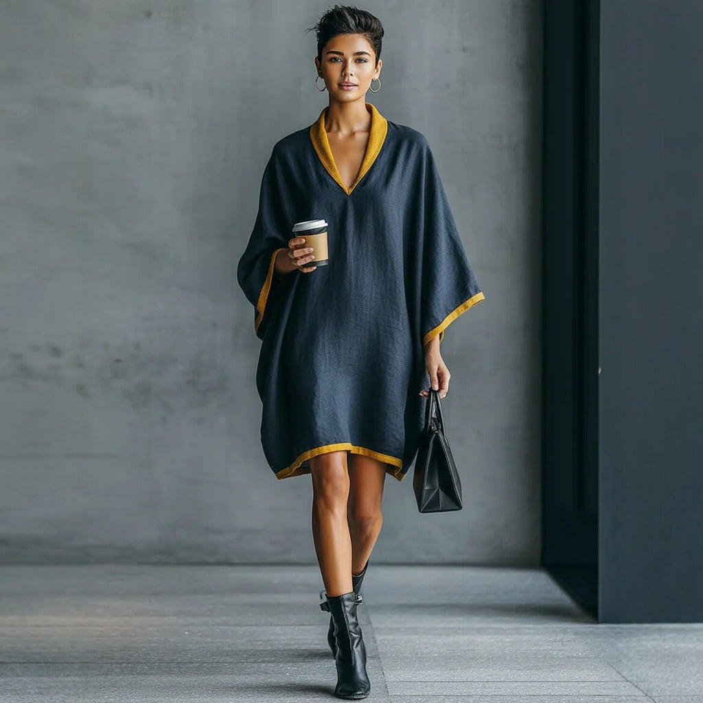Leinen-Mix V-Ausschnitt Kleid mit Fledermausärmeln – Bild 2 | LuxeStyle