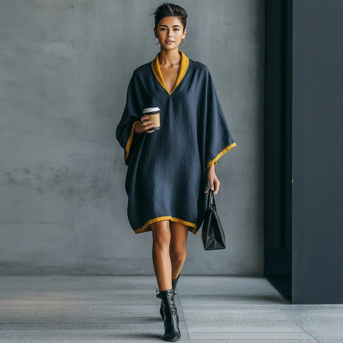 Leinen-Mix V-Ausschnitt Kleid mit Fledermausärmeln – Bild 2 | LuxeStyle