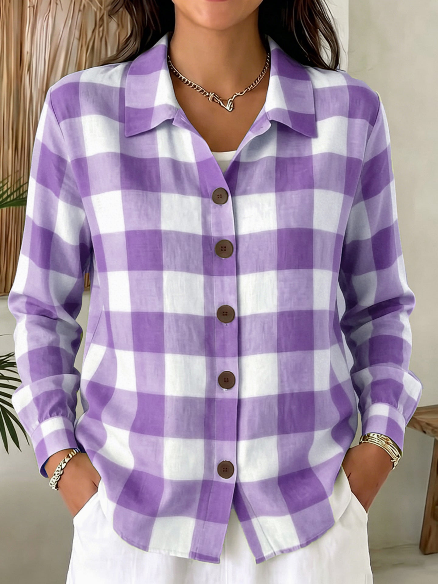 Bequeme Damen Langarm-Plaid-Shirt mit Knöpfen